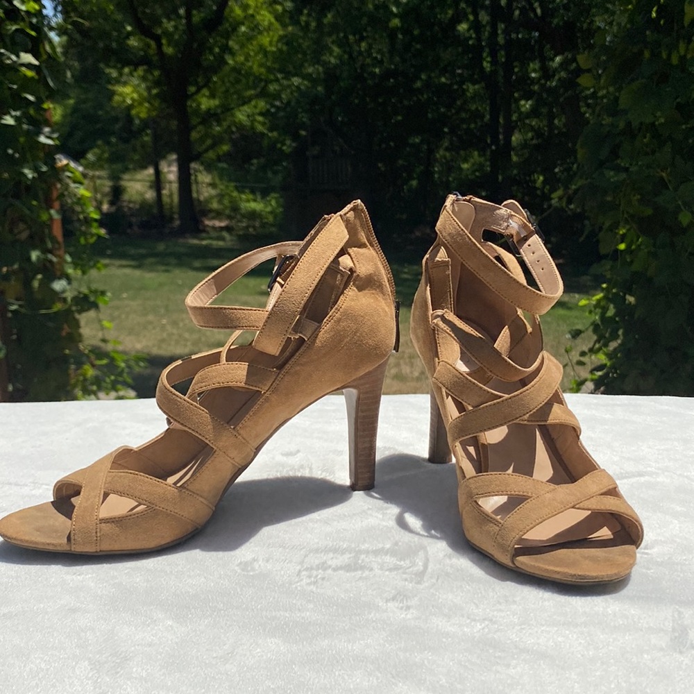 Franco Sarto strappy 3” suede heels with zip back